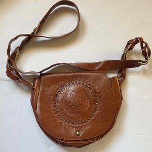 Brown Leather Etched Floral Crossbody Purse | Braided Sling Satchel Boho Hippie